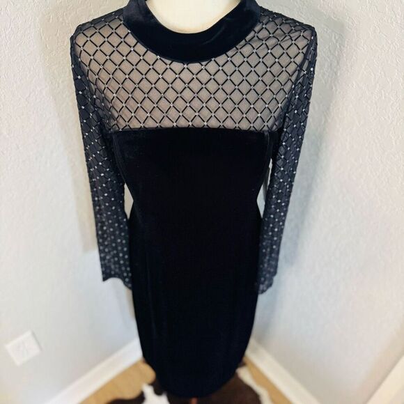 Eliza J Beaded Yoke Mixed Media Long Sleeve Sheath Dress, Black, Size 14, NWT - Picture 5 of 16